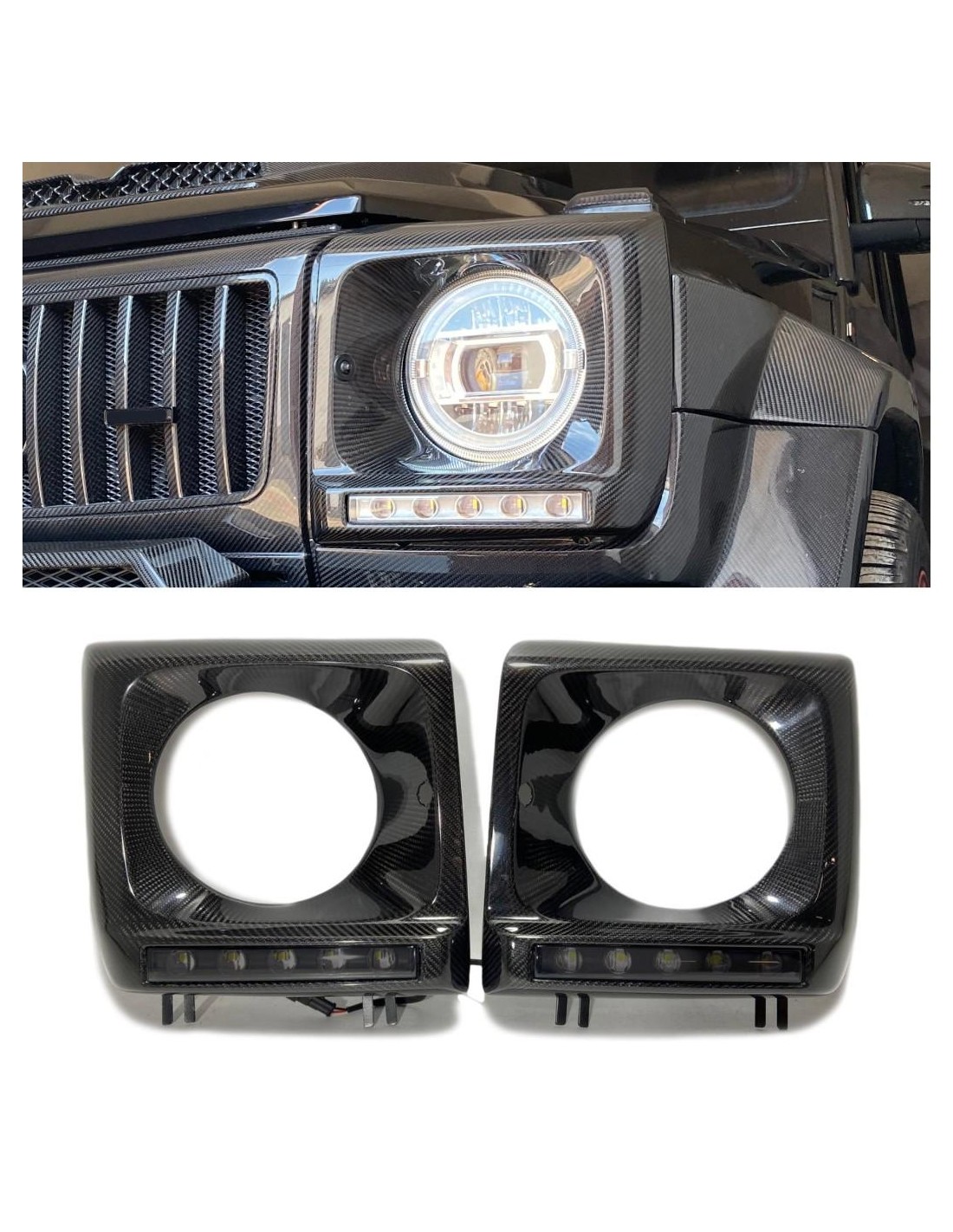 - Mercedes-Benz - Kolfiberkåpor för främre strålkastare med LED Set för Mercedes-Benz W463 G-Wagon - 1 - Uppgradera din Mercede  - Mercedes-Benz - Kolfiberkåpor för främre strålkastare med LED Set för Mercedes-Benz W463 G-Wagon - 1 - Uppgradera din Mercede