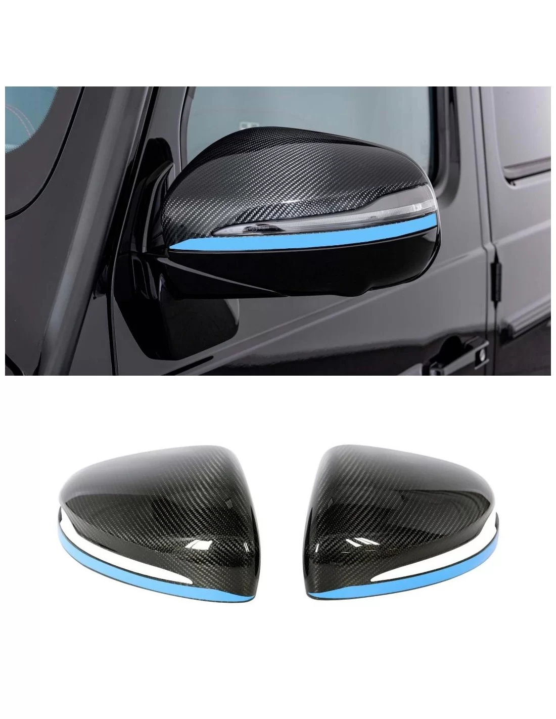 - Mercedes Benz - Kohlefaser-Spiegelabdeckungen mit blauem Streifen für Mercedes-Benz G-Klasse W463A W464 G63 - 1 - Verleihen S - Mercedes Benz - Kohlefaser-Spiegelabdeckungen mit blauem Streifen für Mercedes-Benz G-Klasse W463A W464 G63 - 1 - Verleihen S