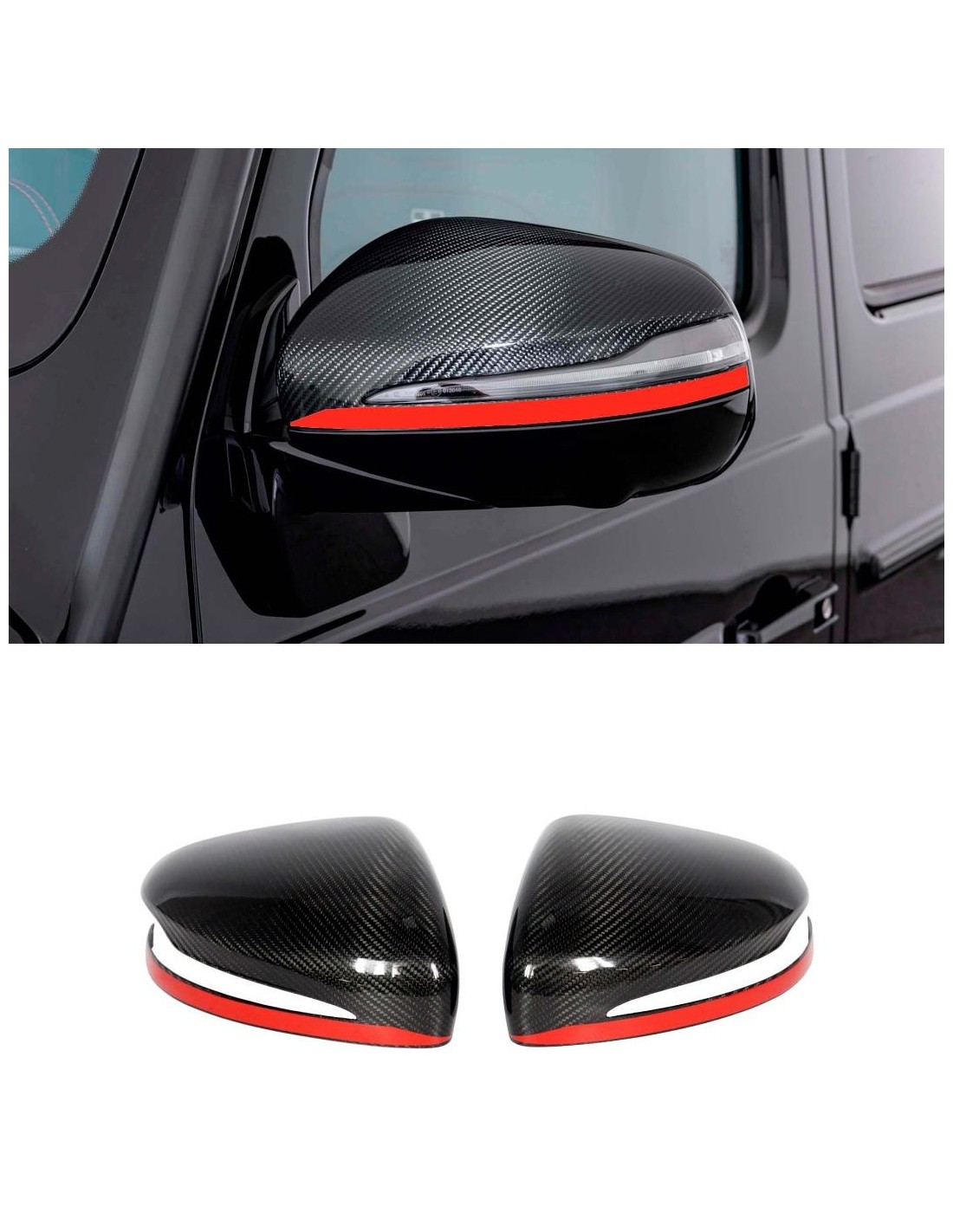 - Mercedes-Benz - Carbon Fiber Mirror Covers with Red Stripe for Mercedes-Benz G-Class W463A W464 G63 - 1 - Enhance your Merced - Mercedes-Benz - Carbon Fiber Mirror Covers with Red Stripe for Mercedes-Benz G-Class W463A W464 G63 - 1 - Enhance your Merced