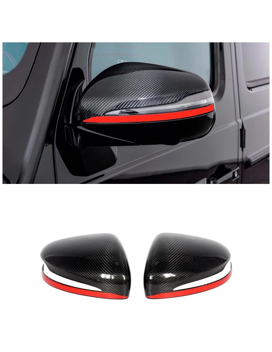  - Mercedes-Benz - 用于梅赛德斯-奔驰 G 级 W463A W464 G63 的红色条纹碳纤维后视镜罩 - 1 - 为您的梅赛德斯-奔驰 G 级 W463A W464 G63 增添时尚的碳纤维后视镜罩，大胆的红色条纹设计带来动感外观。