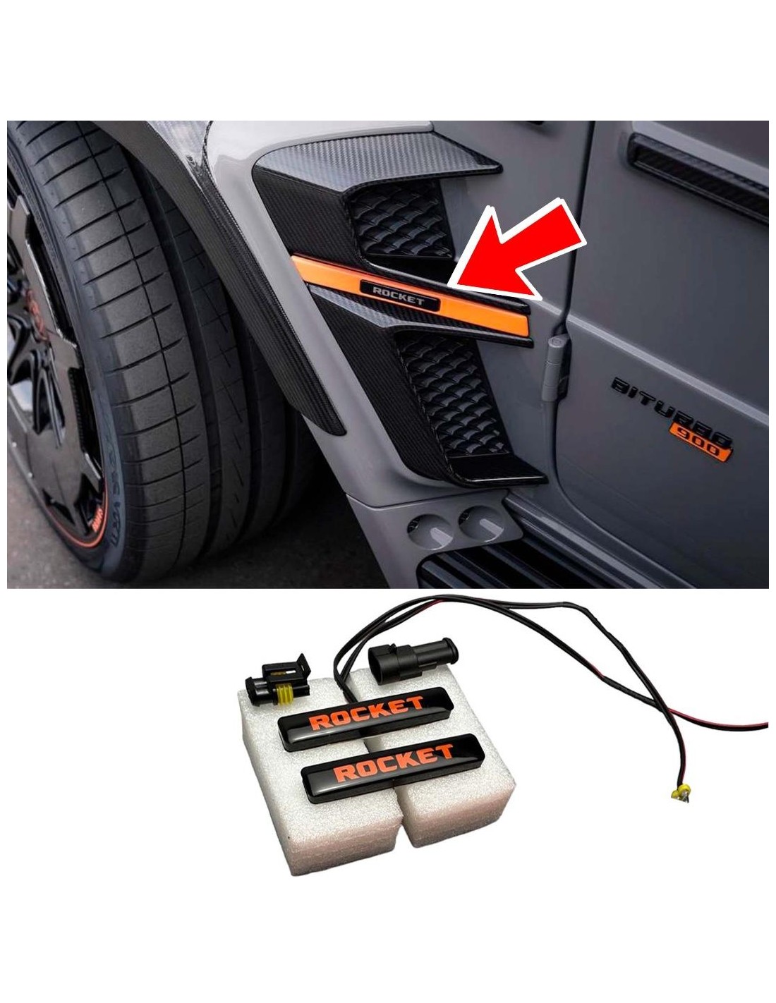  - Logos & Emblems - ORANGE LED Brabus Rocket-emblem för stänkskärmsinsatser Brabus Widestar karossats Mercedes W463A - 1 - Lägg