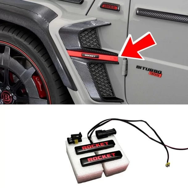  - Logos & Emblems - ROOD LED Brabus Rocket embleem voor spatbordinzetstukken Brabus Widestar bodykit Mercedes W463A - 1 - Verho