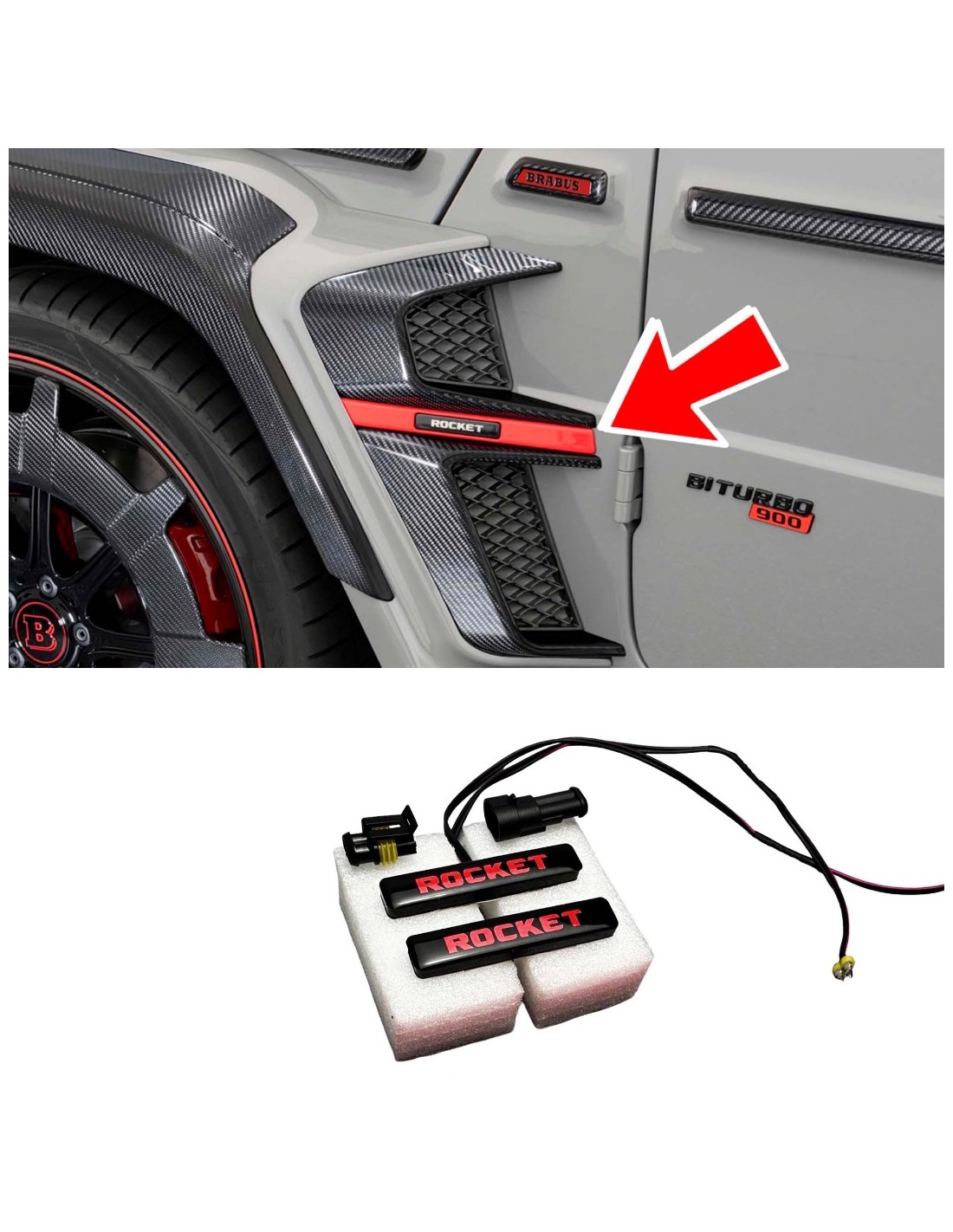  - logo & Emblems - RED LED Brabus Rocket emblem for fender inserts Brabus Widestar body kit Mercedes W463A - 1 - Élevez votre k