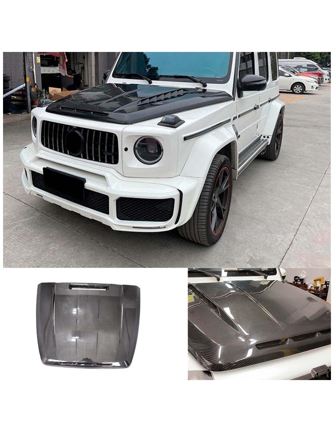 Cappuccio in carbonio con rivestimento e prese d'aria per Mercedes Classe G W463A Mercedes Benz, G Class W463A, Body Parts, G-Cl Cappuccio in carbonio con rivestimento e prese d'aria per Mercedes Classe G W463A Mercedes Benz, G Class W463A, Body Parts, G-Cl